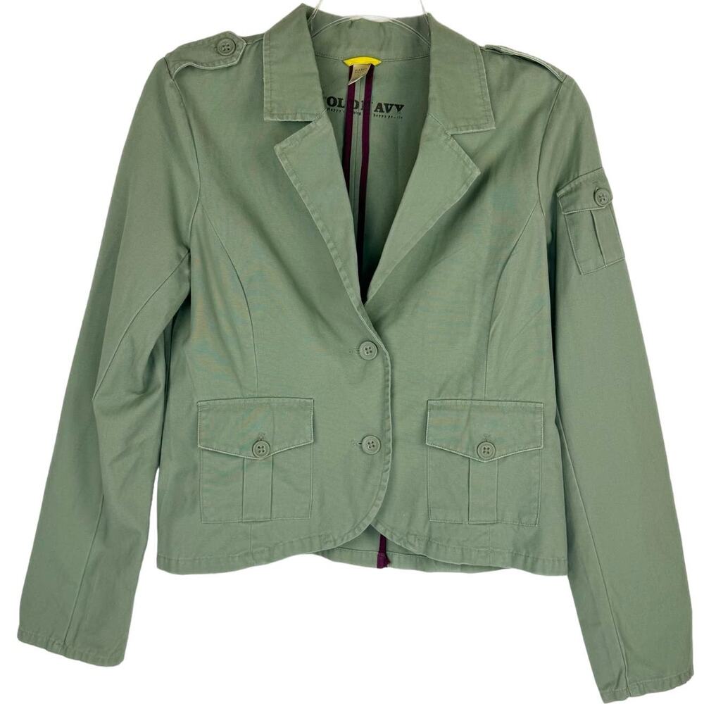 Vtg Old Navy Green Military Style 100% Cotton High Low Y2K Blazer Women Large‎